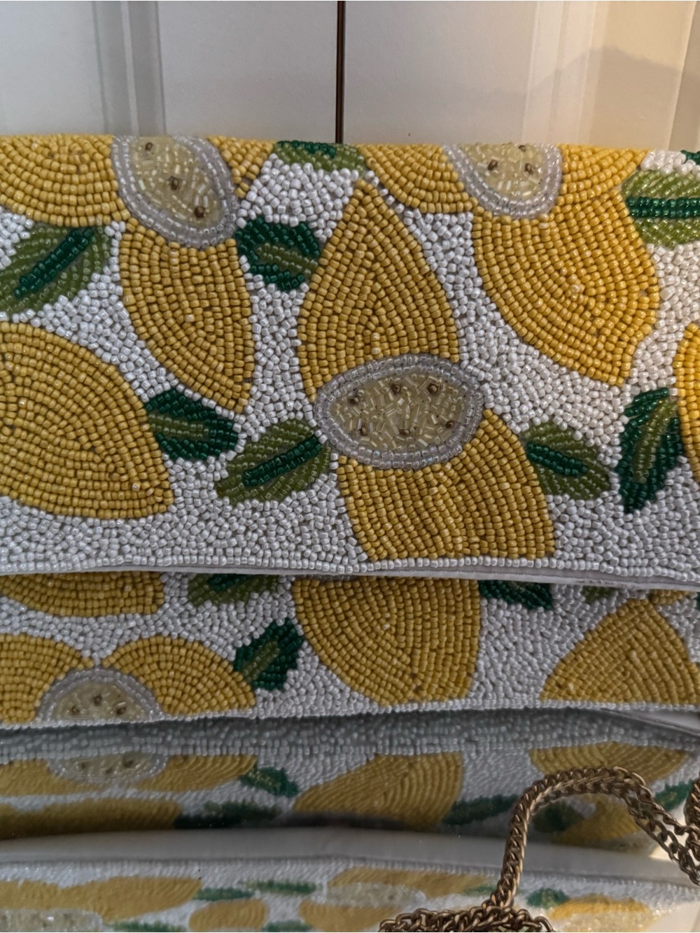 Antik Kraft Hand-Beaded Print Clutch Bag in Yellow and White - Picture 3 of 6